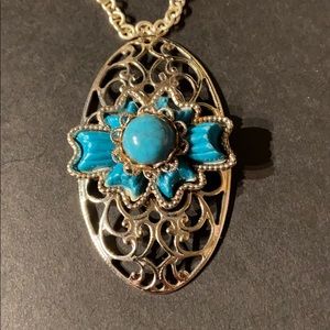 Vintage Silver Turquoise Southwestern Oval Pendant